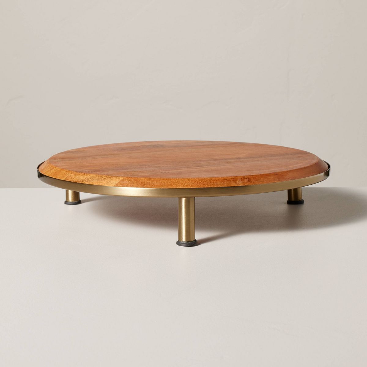 12" Wood & Brass Round Footed Serving Stand