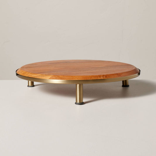 12" Wood & Brass Round Footed Serving Stand