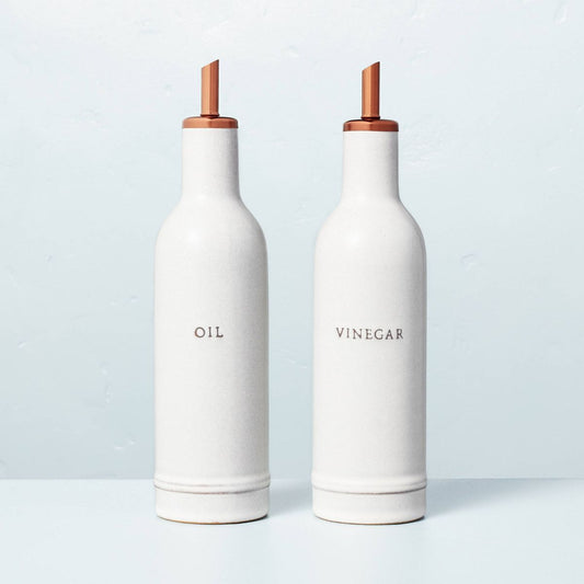 2pc Oil & Vinegar Stoneware Bottle Set Cream/Copper